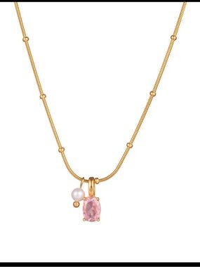 Gold-Plated Necklace with Pink Gem and Pearl Pendant